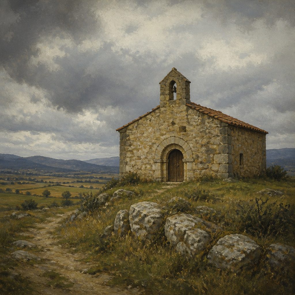 Ilustración de una pequeña ermita románica de piedra en el campo de la Llanada Alavesa