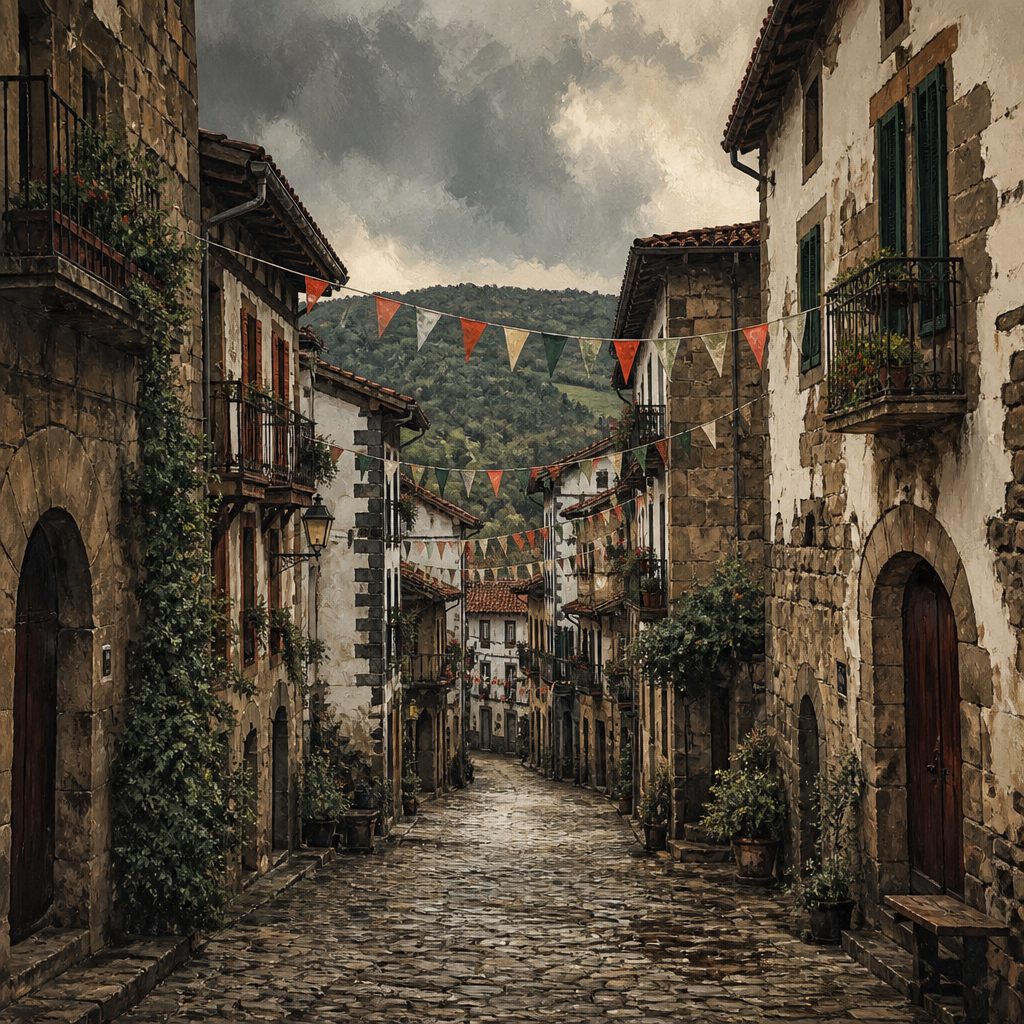 Escena festiva en una calle de un pueblo vasco con música y banderines