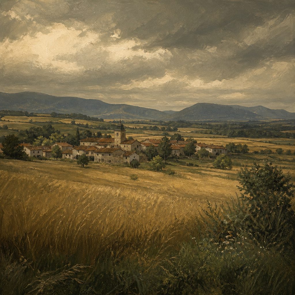 Campos de cereal y aldea de Iruraiz-Gauna en la Llanada Alavesa
